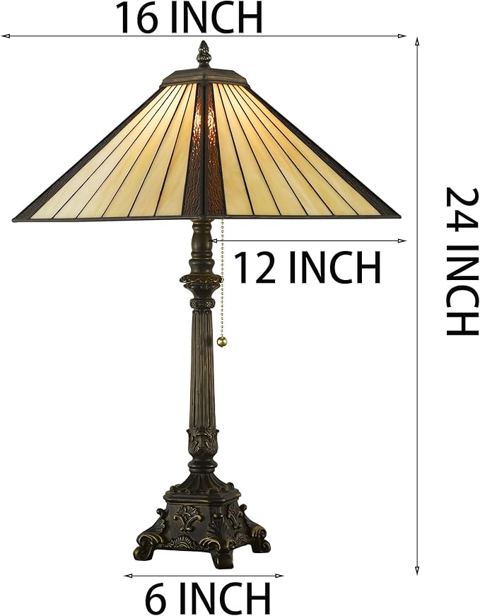 Tiffany Table Lamps Yellow Brown Stained Glass Striped Checkered Style Mission Desk Lamp 12X12X24 Inch Bronze Resin Base