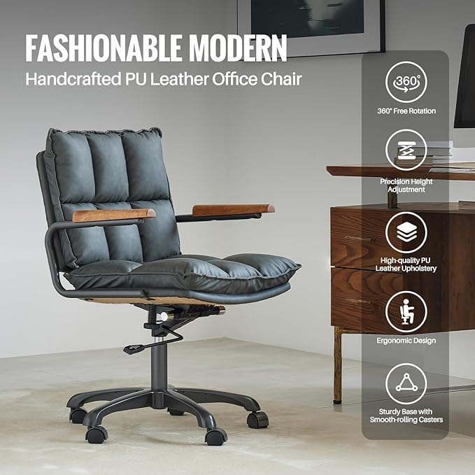 Home Office Desk Chair, Ergonomic Computer Chair with Wheels and Oak Arms, Adjustable Height Rolling Swivel Executive Task Armrests Chair, Charcoal Gray