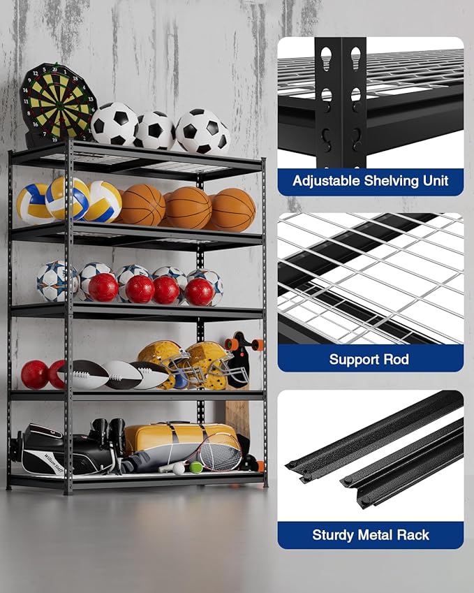 WORKPRO 5-Tier Heavy Duty Metal Shelving Unit, 72”H x 48”W x 24”D, Adjustable Storage Rack with 4000 lbs Capacity, for Garage, Basement, Workshop, Warehouse