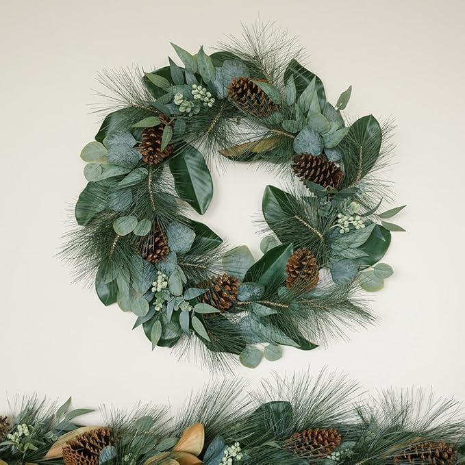 CG Hunter Holiday Collection Faux Wreath, Premium Artificial Indoor and Outdoor Large 28" Magnolia, Eucalyptus, Pinecone, Needle Pine Christmas Wreath, Christmas Decorations and Holiday Greenery