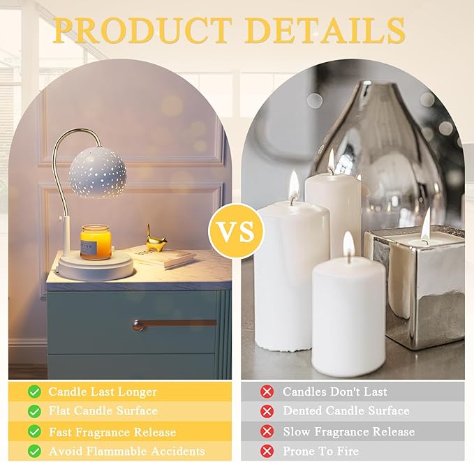 Candle Warmer Lamp with Timer, Candle Warmer Lamp Adjustable Height with 2 Bulbs, Dimmable Electric Candle Warming Lamp for Scented Jar Candles, White