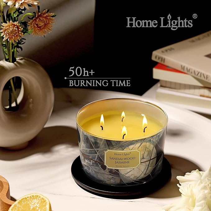 HomeLights Soy Wax Candles for Home Scented, 4-Wick Candles in Sandalwood Jasmine Scented, Industrial Chic Aromatherapy Candles Gift for Parties, Relaxing, 18oz