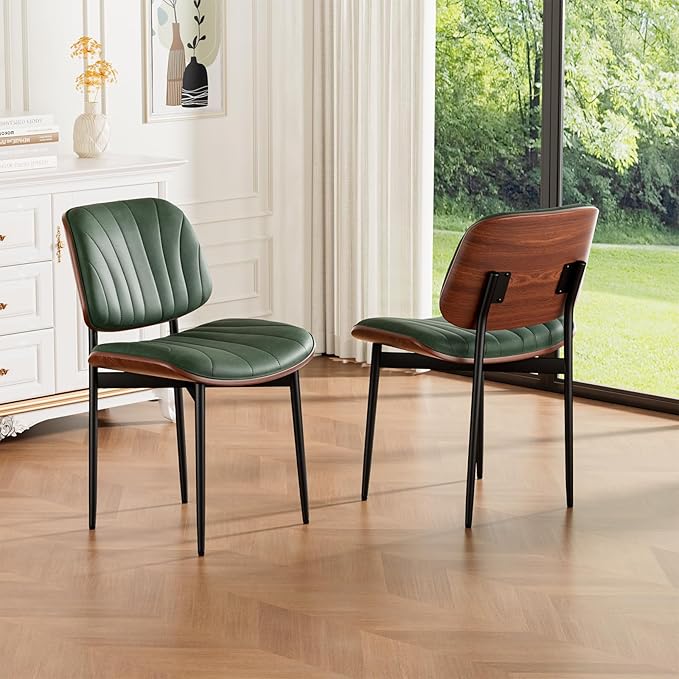 Dining Chairs Set of 2, Mid-Century Modern Upholstered PU Leather Chairs with Walnut Bentwood Back and Metal Legs Adjustable Feet for Kitchen Dining Room, Dark Green Shell Strips