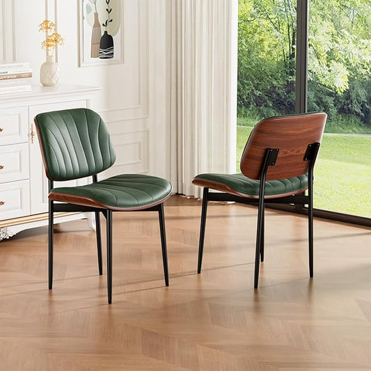 Dining Chairs Set of 2, Mid-Century Modern Upholstered PU Leather Chairs with Walnut Bentwood Back and Metal Legs Adjustable Feet for Kitchen Dining Room, Dark Green Shell Strips
