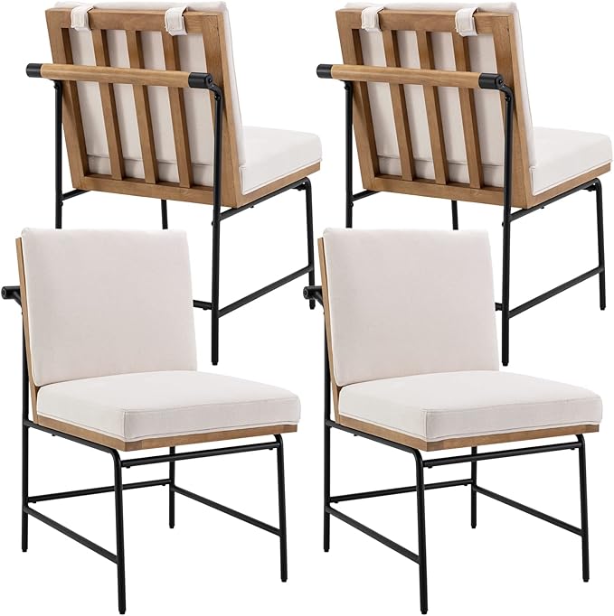 DUOMAY Mid-Century Modern Dining Chairs Set of 4, Linen Upholstered Side Chair with Rear Handle, Armless Chair with Metal Legs for Kitchen Dining Room Living Room Vanity, White