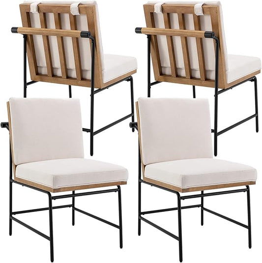 DUOMAY Mid-Century Modern Dining Chairs Set of 4, Linen Upholstered Side Chair with Rear Handle, Armless Chair with Metal Legs for Kitchen Dining Room Living Room Vanity, White