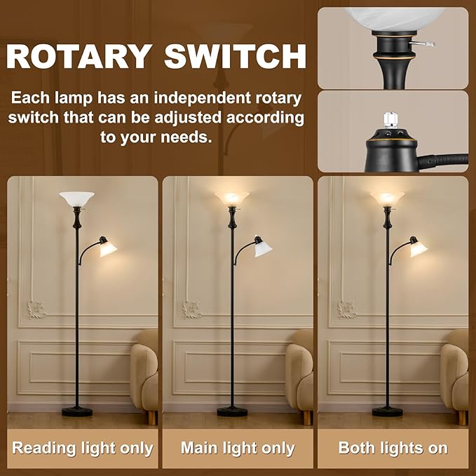 71'' Torchiere Floor Lamp for Bedroom with Glass Shade, Tall Floor Lamps for Living Room with Adjustable Angle Arc Reading Light, Modern Standing Light, Knob Switch, Bulb Included, Black