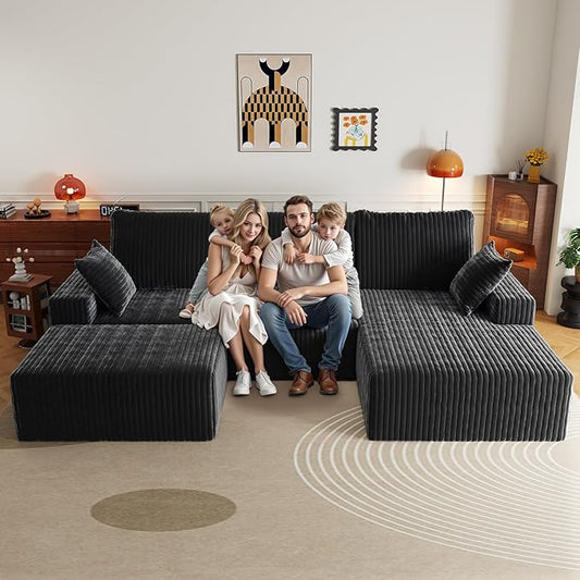 108" U Shaped Sectional Couch with Ottoman, Corduroy Modular Sectional Sofa with Deep Seat, Modern Modular L-Shape Sofa Couch with Chaise,Upholstered Boneless Couches for Living Room Bedroom
