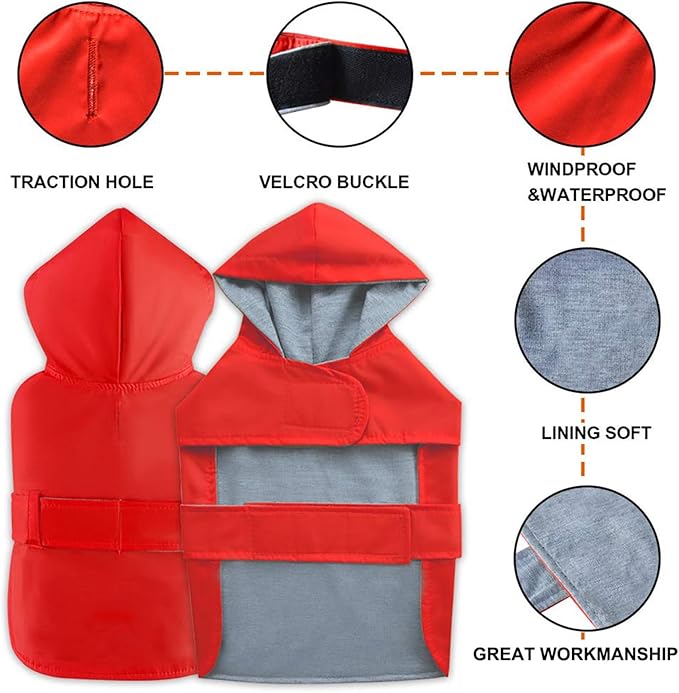 Dog Raincoat Dog Rain Jacket Poncho Waterproof Pet Rain Suit Double Layer Breathable Lining Hooded Leash Hole Adjustable Puppy Small Medium Dogs,Red,L