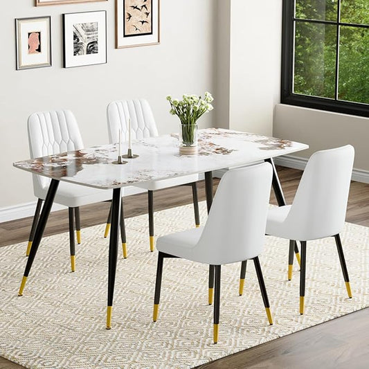 Modern Dining Table Set for 4, 62'' Sintered Stone Dining Table with 4 Chairs, Easy to Assemble