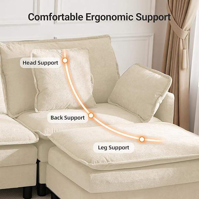 Claiks 148" Modular Sectional Sofa, Cloud Couch with Ottoman, U-Shaped 6-Seater Sofa in Chenille Fabric, Deep Seat Comfy Couch with Pillows for Living Room & Offices, Beige
