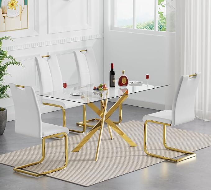 Goujxcy Gold Dining Table Set for 4, Glass Kitchen Table with Chair Set, Modern 51" Rectangle Glass Dining Table and 4 White PU Leather Chairs with Metal Frame for Kitchen Dining Room