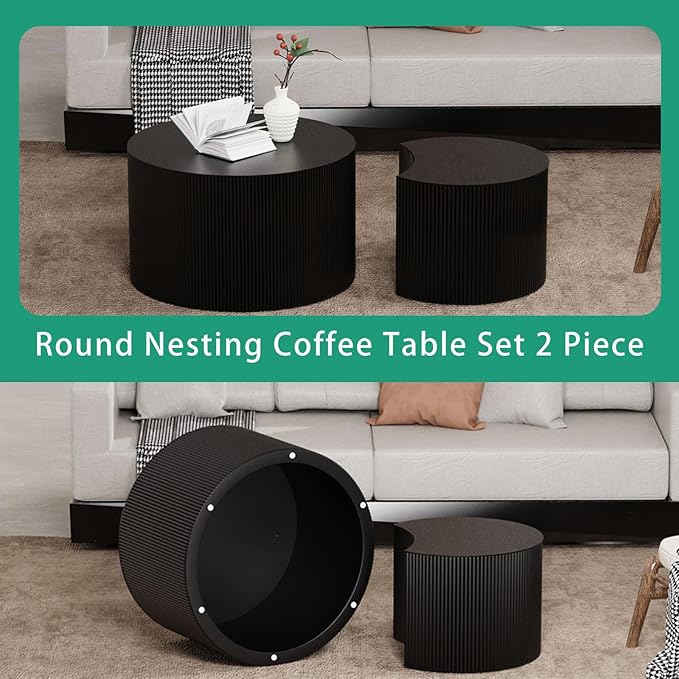 Round Nesting Coffee Table Set 2 Piece, Modern DrumStackable Side Table for Living Room/Bedroom Small, Space-Saving Accent Furniture with Scratch-Resistant Design (A Black 27.56 in)