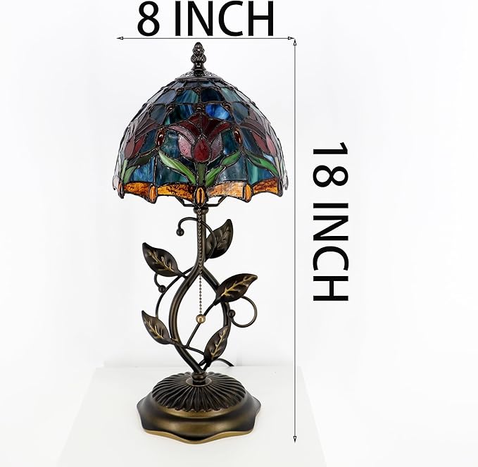 Small Tiffany Lamp Red Blue Tulips Style Stained Glass Table Lamps Desk Bedside Reading Light 8X8X18 Inches with Bronze Metal Leaf Resin Base