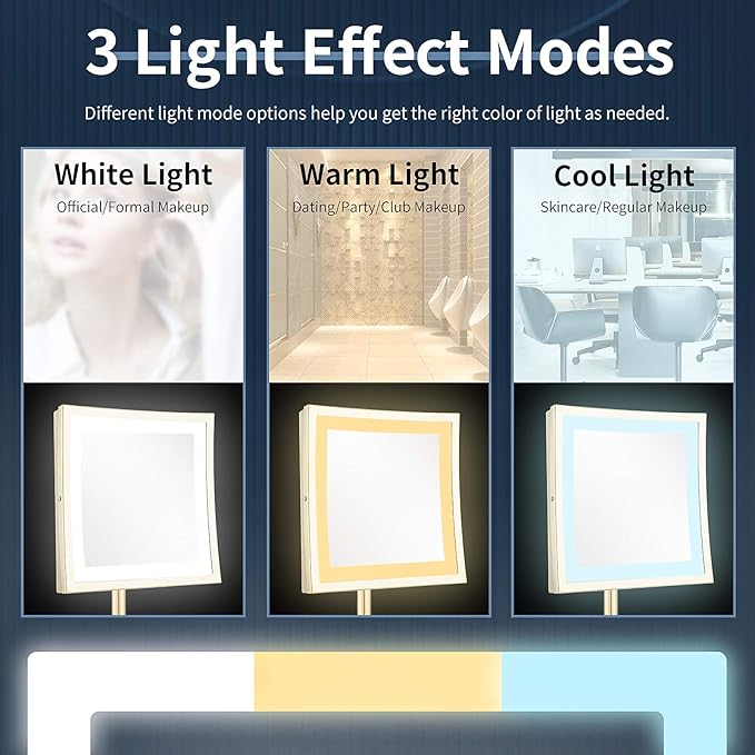 DOWRY Tabletop LED Lighted 5X Magnifying Makeup Mirror Square with Plug 8 Inch Polished Gold Finished