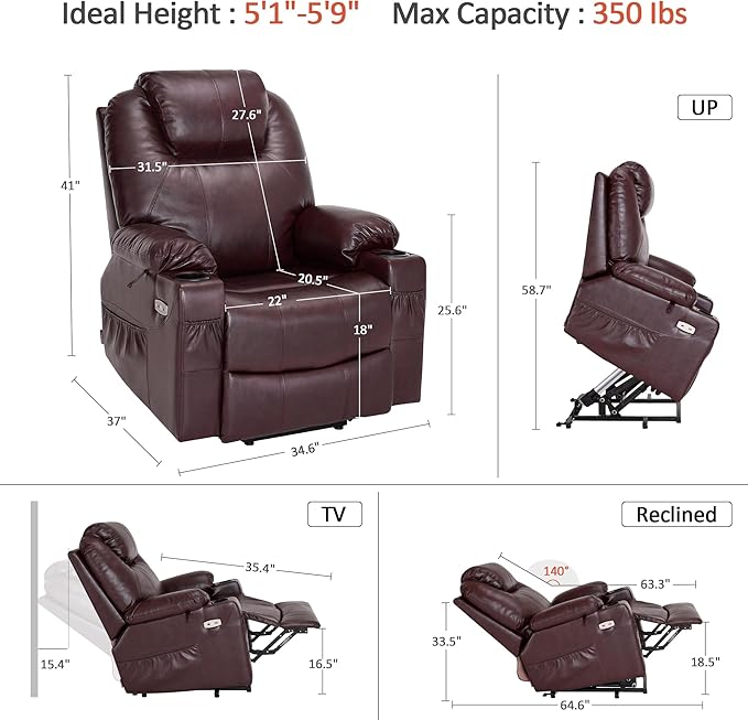 MCombo Electric Power Lift Recliner Chair Sofa with Massage and Heat for Elderly, 3 Positions, 2 Side Pockets, and Cup Holders, USB Ports, Faux Leather 7040 (Dark Brown, Medium)
