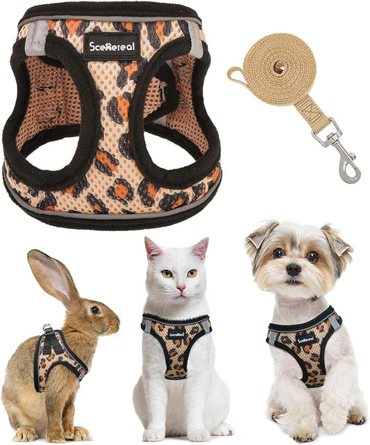 SCENEREAL Cat Harness & Leash Set Escape Proof - Adjustable Air Mesh Vest with Reflective Strips for Kittens, Puppies, Rabbits, Khaki Leopard S