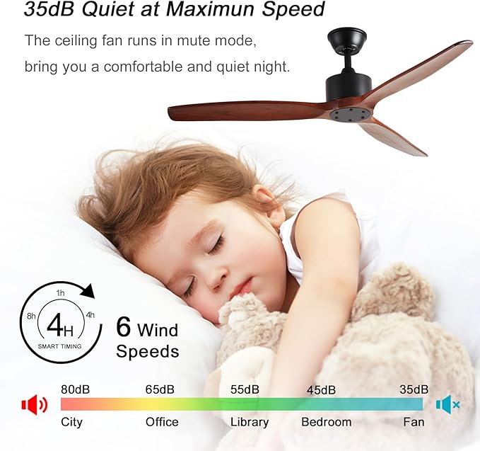 52 inch 3 blade Wood ceiling fan without light, Noiseless Reversible DC Motor Walnut Ceiling Fan Without Light for Farmhouse Patio Living Room Bedroom, Indoor Outdoor Ceiling Fan with Remote
