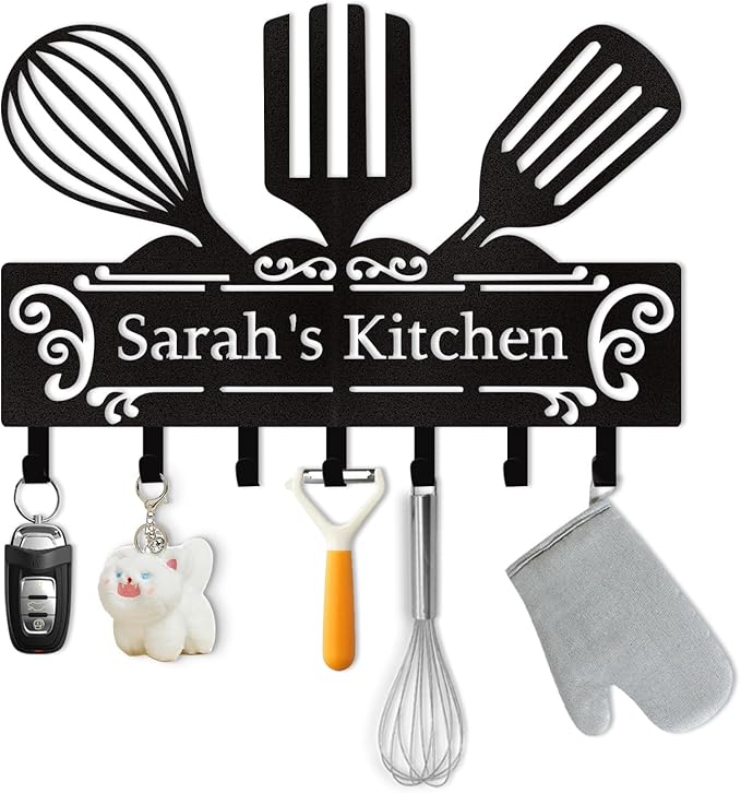 Personalized Metal Key Holder Wall Mount, Custom Kitchen Theme Key Hanger Organizer, Kitchen Hooks for Utensils, Home Decor for Dining Room Restaurant Entryway Office, Housewarming Gifts Color08