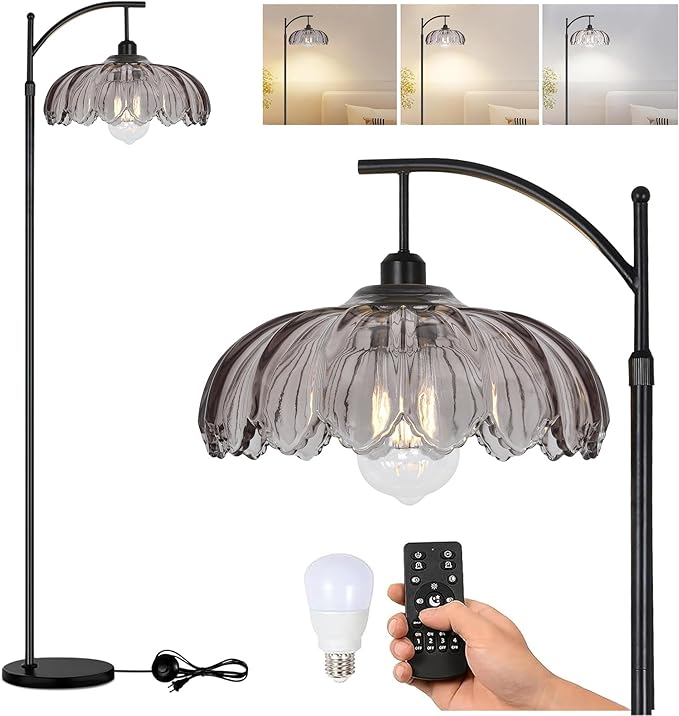 Arc Floor Lamps for Living Room with Remote,Black Dimmable Floor Lamp with Gray Glass Shade,Unique Vintage Flower Standing Tall Lamp,Modern Mid Century Floor Lamps for Bedroom Office Corner