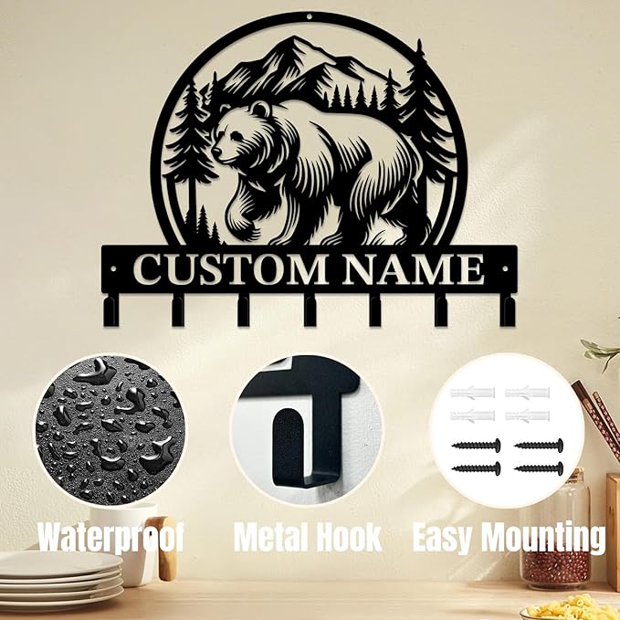 Personalized Custom Name Bear Key Wall Hooks,Metal Bear Keys Clothes Hooks,Metal Bear Wall Home Storage Decorative,For Front Door, Hallway, Kitchen, Bedroom,Keys,Hats (Style P)
