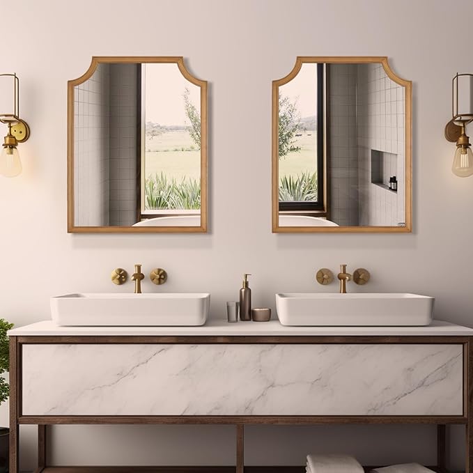 WallBeyond Scalloped Wood Mirror for Wall Decor 16x20 Inch Small Bathroom Vanity Rectangle Mirror for Hallway Bedroom Living Room(Natural)