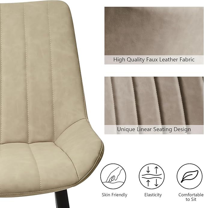 Dining Chairs Set of 4, Faux Leather Modern Linear Design Dining Chair with Metal Legs, 16.9" Seat Width Chair for Kitchen, Lounge, Reception Room, Restaurant, Commercial (Beige)