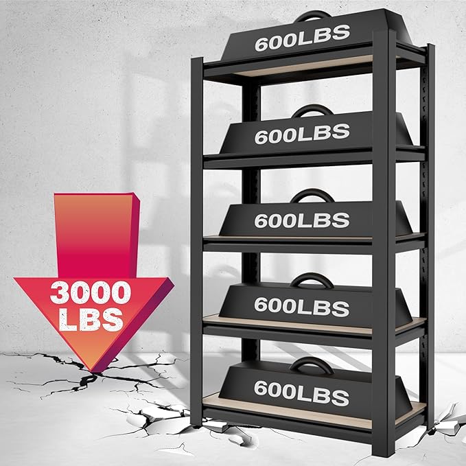 WORKPRO House 5-Tier Shelving Unit, 3000lbs Adjustable Storage Shelves, Boltless Book Shelf, Shelf Organizer for Kitchen, Living Room, Bathroom, Wood Grain Pattern, Waterproof Board, 24-1/10"W, Black