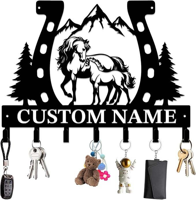 Personalized Custom Name Farm Horse Wall Key Hooks,Metal Horse Art Clothes Hooks,Metal Horse Wall Home Storage Decorative,For Front Door, Hallway, Kitchen, Bedroom,Keys,Hats (Style D)