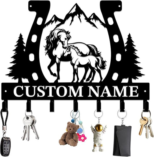 Personalized Custom Name Farm Horse Wall Key Hooks,Metal Horse Art Clothes Hooks,Metal Horse Wall Home Storage Decorative,For Front Door, Hallway, Kitchen, Bedroom,Keys,Hats (Style D)