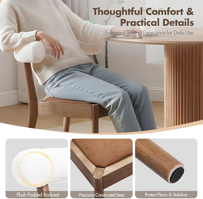 Kmax Dining Room Chairs Mid-Century Modern Leather Kitchen Chairs with Natural Walnut Finished Frame, Fur White Curved Back, Set of 6, PU Brown