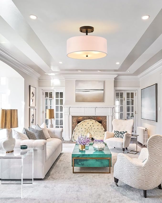 12.6" Semi Flush Mount Ceiling Light Fixture, 3-Light Black Drum Flush Mount Light Fixtures with White Fabric Shade, Modern Close to Ceiling Lights for Living Room Bedroom Hallway Entryway Foyer