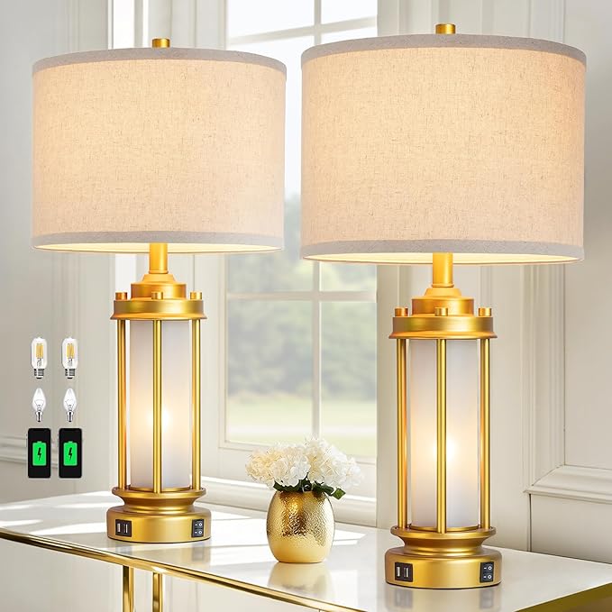 Set of 2 Modern Table Lamps for Living Room, Farmhouse Vintage Bedside Lamp with 2 USB Ports Glass Nightlight, Gold Nightstand Desk Lamps for Entryway Bedroom Dresser, 4 Bulbs Included