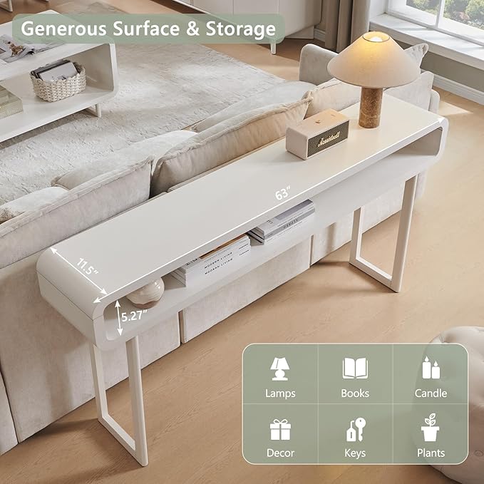 63-Inch Long Console Table, 31.5" Tall Modern Entryway Table with Open Storage Shelf, Curved Profile Design, Narrow Wood Sofa Table Behind Couch Table for Living Room, Hallway, Foyer, White