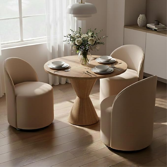 Modern Barrel Dining Chairs Set of 3, Swivel Base Khaki Accent Chair 360°Rotating Vanity Chair Mid-Century Dining Side Chair Kitchen Chair for Living Room, Bedroom, Home, Office, Kitchen