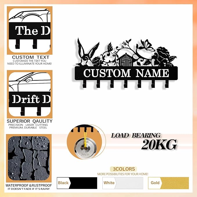 Personalized Key Holder Wall Mount, Custom Metal Bird Butterfly Keys Holder for Wall with Name, Wall Key Hanger Rack with Hooks for Entryway, Front Door, Living Room, Kitchen, Bathroom, Garden