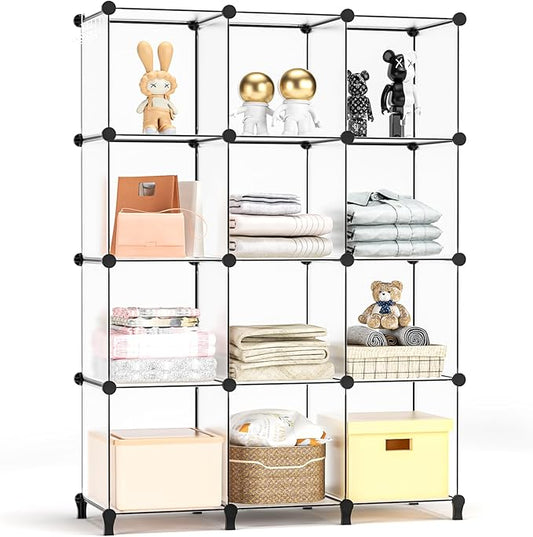 Cube Shelves, 12 Cubby Storage Organizer,DIY Closet Organizers and Storage Shelves for Bedroom,Stackable Closet Shelves for Clothing Storage,Book Shelf, Toy Organizers and Storage, Transparent White