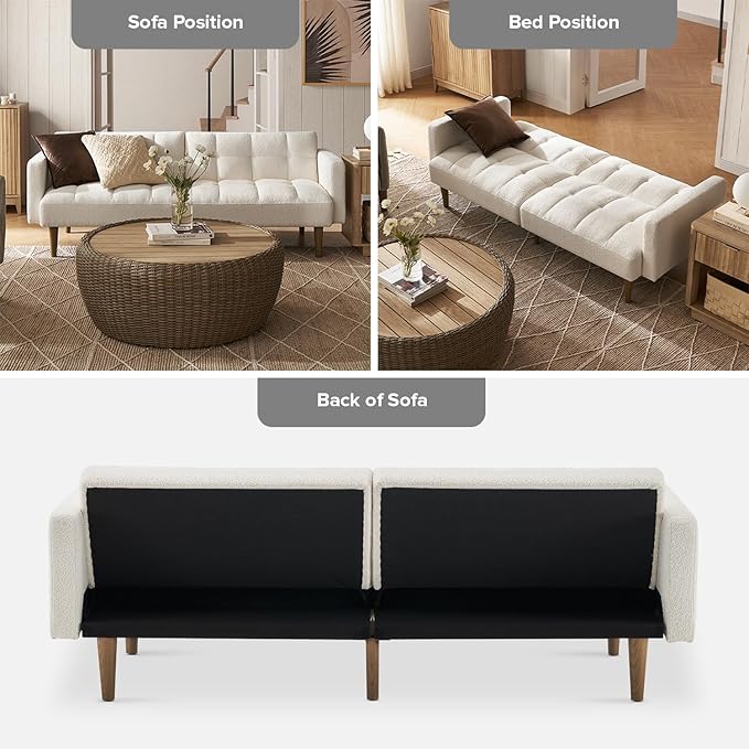 mopio 76.4" Futon Sofa Bed, Couch, Loveseat, Sleeper Sofa, Mid Century Modern Futon Couch, Sofa Cama, Couches for Living Room (Aaron, Pearl White Boucle)