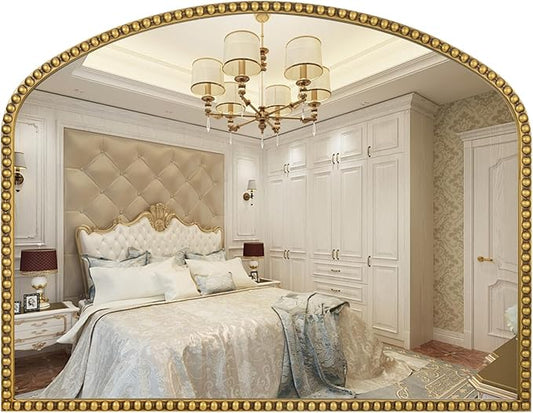 28"x36" Large Arch Wall Mirror, Decorative Beaded Frame Hanging Vanity Mirror for Dresser, Bathroom, Entryway, Bedroom, Mantel, Antique Gold