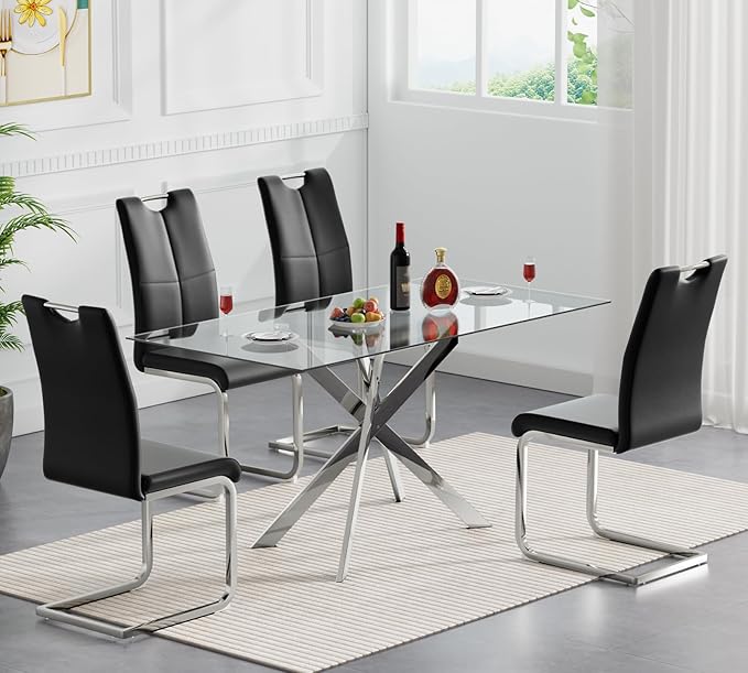Goujxcy Modern Glass Dining Table Set for 4, Glass Silver Kitchen Table and Chairs Set, 5 Piece Dining Room Table Set with 51" Rectangle Dinner Table and 4 Black Leather Dining Chairs