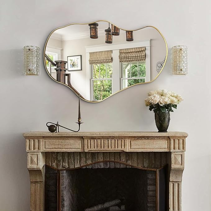 Irregular Mirror, 30"x20" Asymmetrical Mirror with Gold Metal Frame, Modern Funky Odd Shaped Mirrors, Abstract Wall Mirrors for Living Room Bathroom Bedroom Hallway Entryway Fireplace