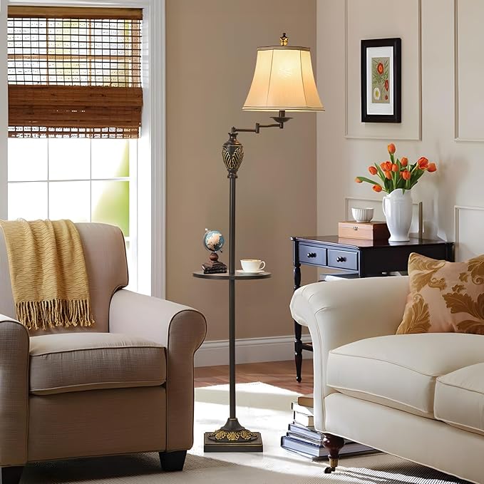 Traditional LED Floor Lamp with 350° Adjustable Swing Arm Lamp – Vintage Standing Pole lamp for Living Room, Bedroom and Office – Rustic Upright Floor Light for Home Décor with Silk Fabric Shade