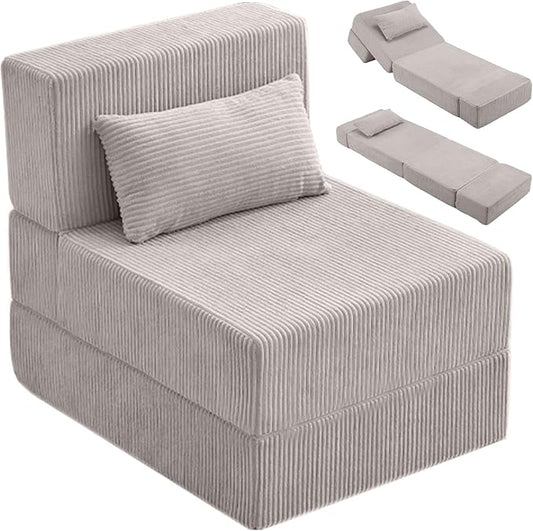 Folding Sofa Bed,Convertible Fold Out Couch,Portable Foldable Floor Mattress Sleeper Chair with Pillow,Adjustable Backrest Support,Lazy Sofa for Living Room,Single,Light Grey