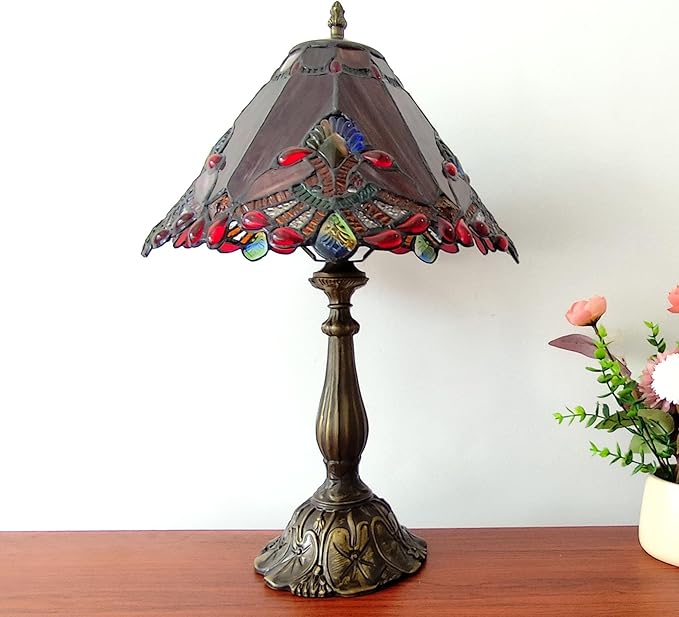 Tiffany Table Lamp Red Baroque Style Stained Glass Lamp 12X12X19 Inch Antique Lamp for Office Home Bedroom Living Include 3-Color LED Bulb