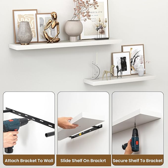 Heimlove Floating Shelves for Wall,16 inchs Shelf for Small Bathroom,Mounted Storage & Display Shelves for Bedroom,Living Room,Kitchen,Office,Set of 2,White