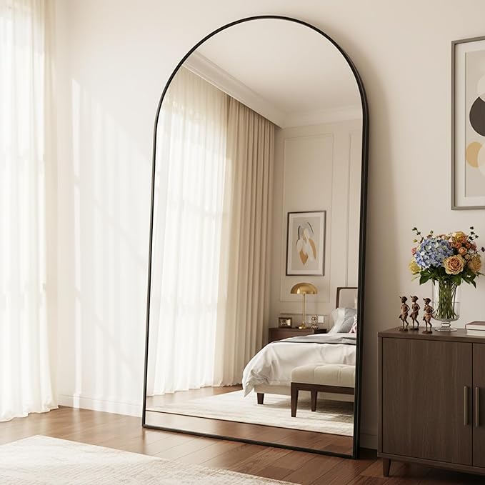 Full Length Mirror, 86"x46" Arched Floor Mirror Freestanding, Floor Standing Full Body Mirror with Stand for Bedroom, Hanging Mounted for Living Room Cloakroom, Black