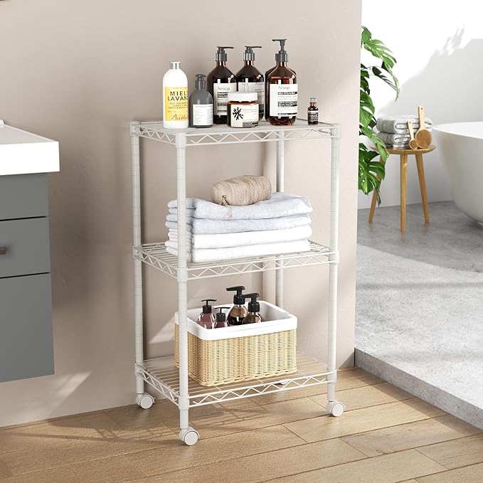 SINGAYE 3 Small Shelves Storage Shelf Wire Shelving Unit Metal Shelf Adjustable Organizers Storage Shelving with Wheels for Bathroom Laundry Room Kitchen Pantry
