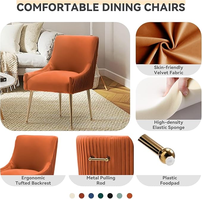 Dining Chairs, Accent Chairs Set of 4, Modern Upholstered Kitchen Dining Room Chairs with Gold Legs, Fabric Tufted Velvet Living Room Chairs for Reception Room Bedroom Guest Room (Orange)