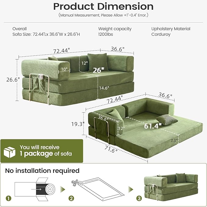 Folding Sofa Bed Convertable Corduroy Couch King Size Floor Sleeper 4-in-1 DIY Combination Modular Sofa Fold Out Futon Lounge Comfy Foldable Lazy cama for Living Room (Green, 70.86")