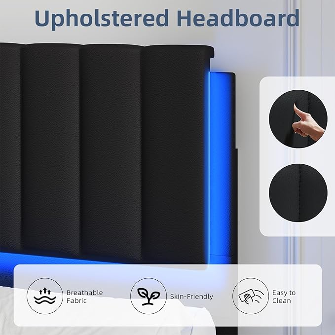 Full Size Bed Frame with LED Lights, Faux Leather Upholstered Platform Bed with Headboard and Wooden Slats Support, No Box Spring Needed, Noise-Free, Easy Assembly, Black